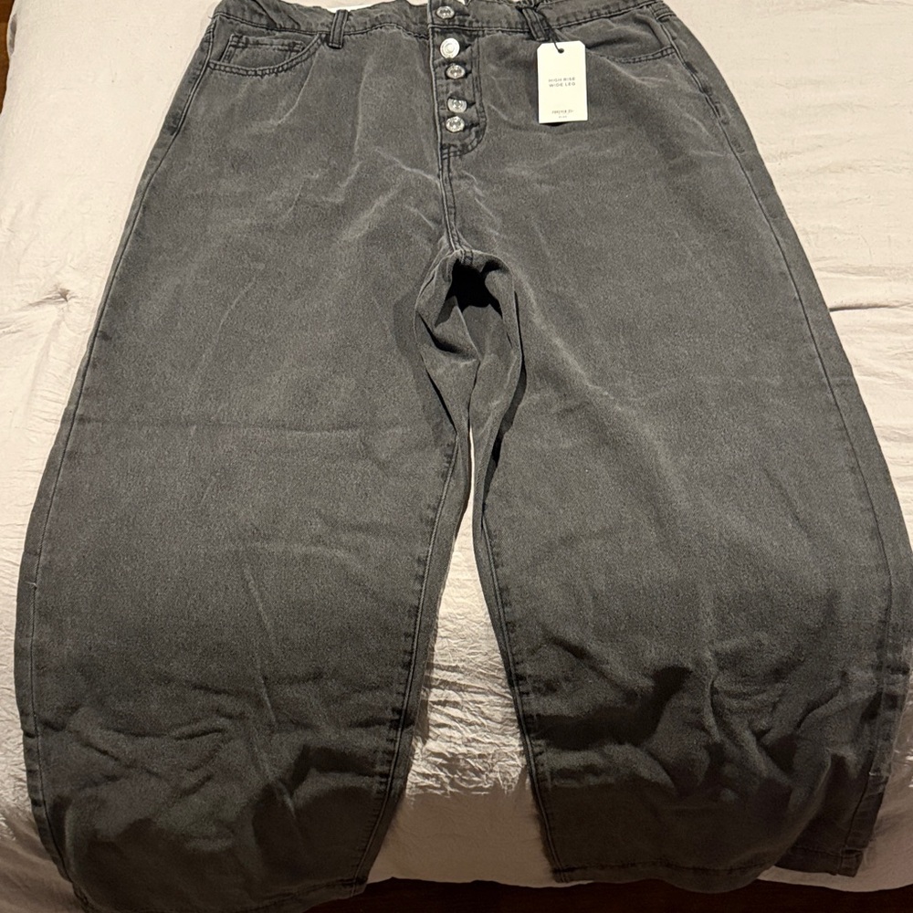 Forever 21 - Gray Button-Fly Wide-Leg Jeans